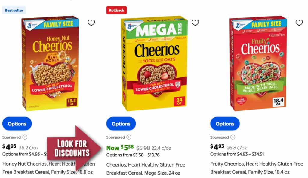 a list of cereal with an arrow pointing to the sale price